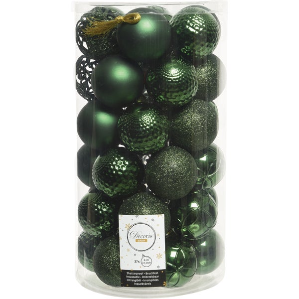 Decoris 2.4 In. Shatterproof Bauble Christmas Ornaments, Pine Green (37-Pack)