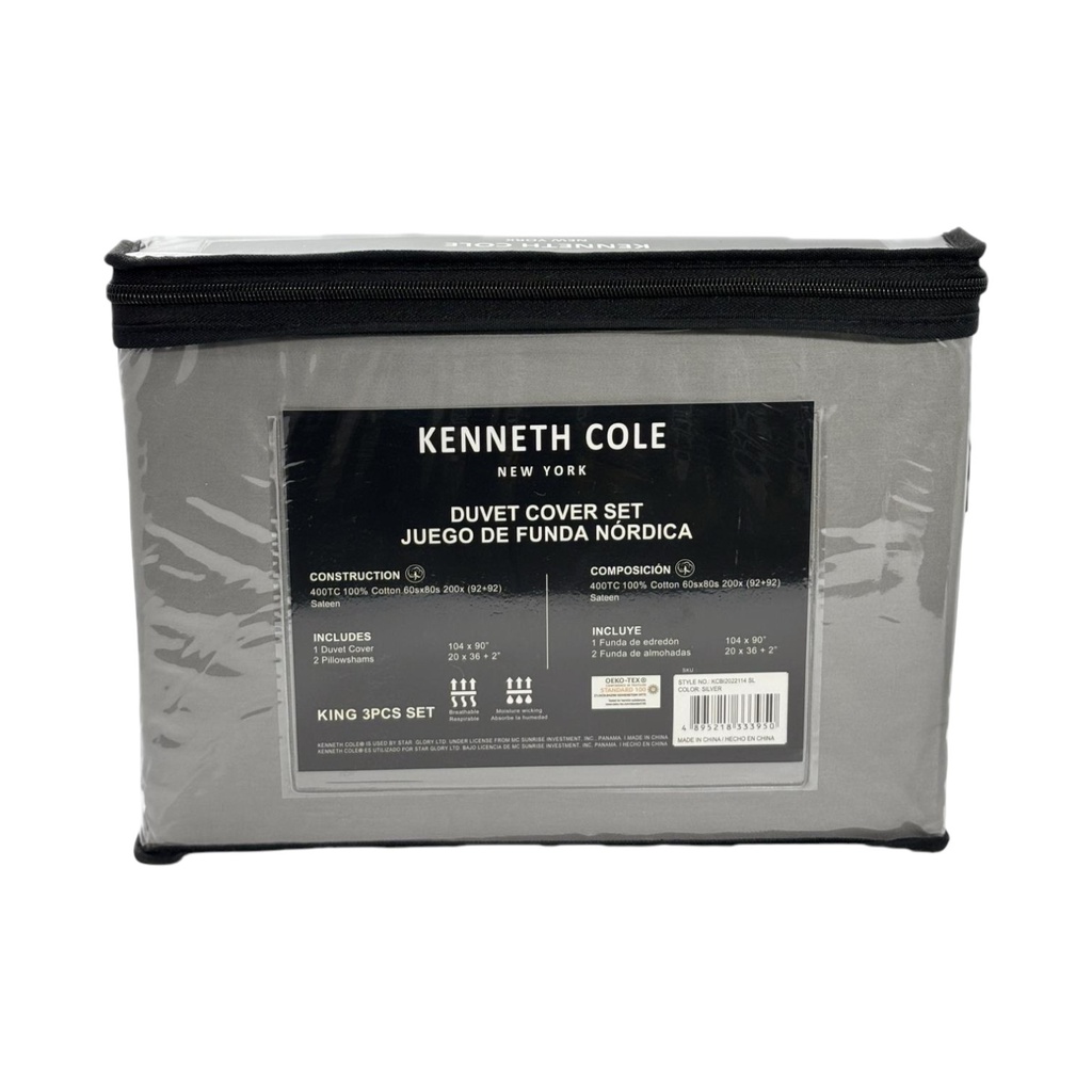 ****Kenneth Cole King 400TC Duvet Cover Set, Silver - 100% Cotton, 3Pc