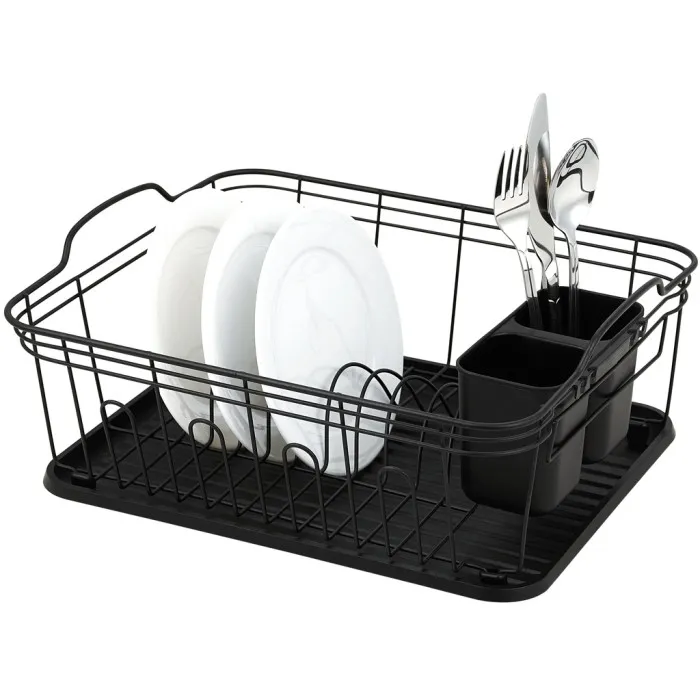 Life Art Dish Rack with Plastic Draining Tray, Black