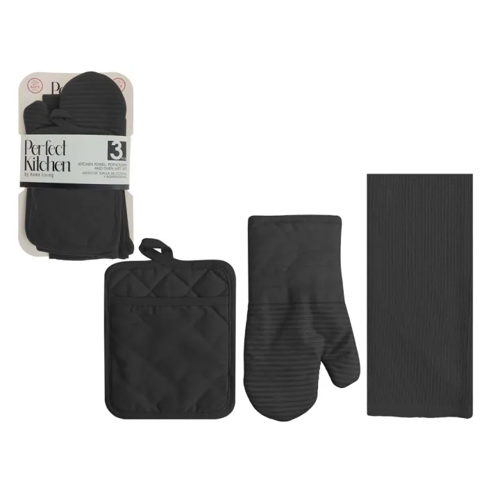 Perfect Kitchen 3pc Set - Oven Mitt, Potholder, Dish Towel, Black