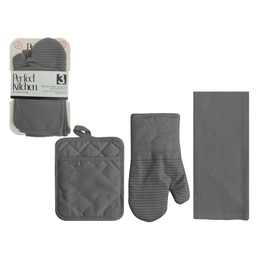 [768-1447073] Perfect Kitchen 3pc Set - Oven Mitt, Potholder, Dish Towel - Grey